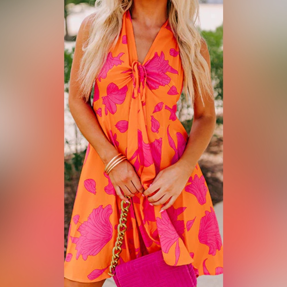 Impressions Orange and Pink Flowing Floral Mini Dress Size M